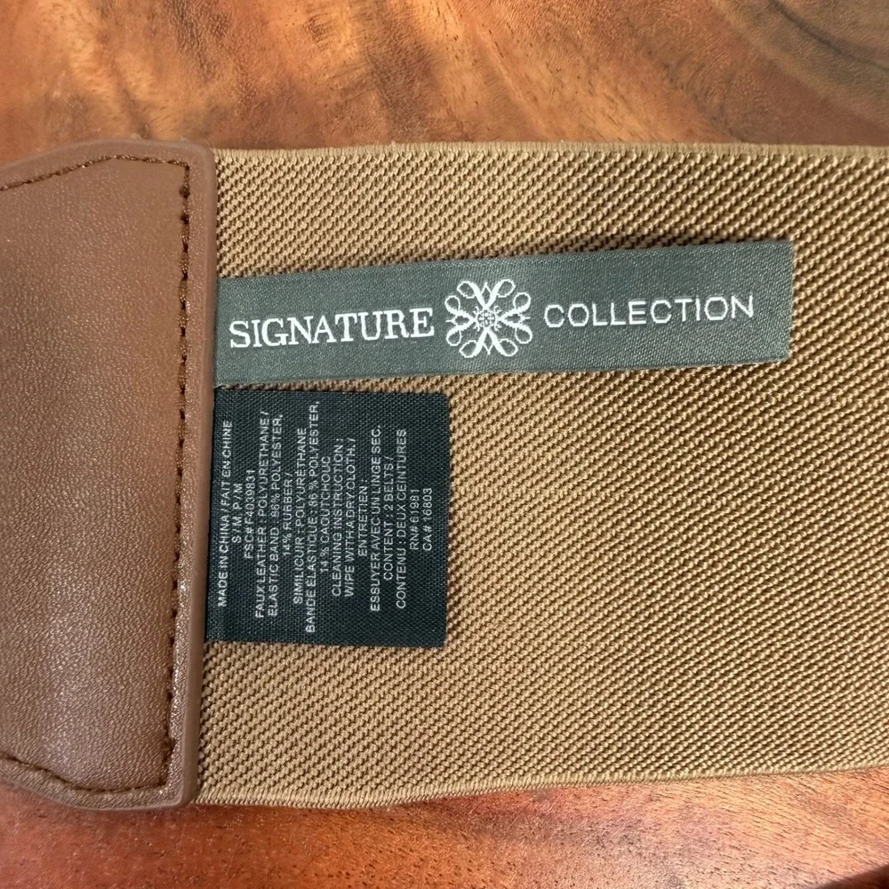 Signature Collection‎ Women's Elastic Stretch Belt Tan Faux Leather Gold Buckle